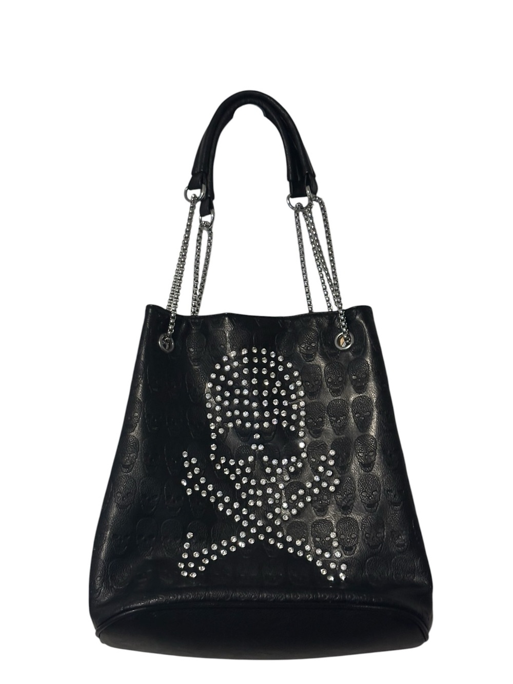 Studded Skull Black Leather Tote Bag